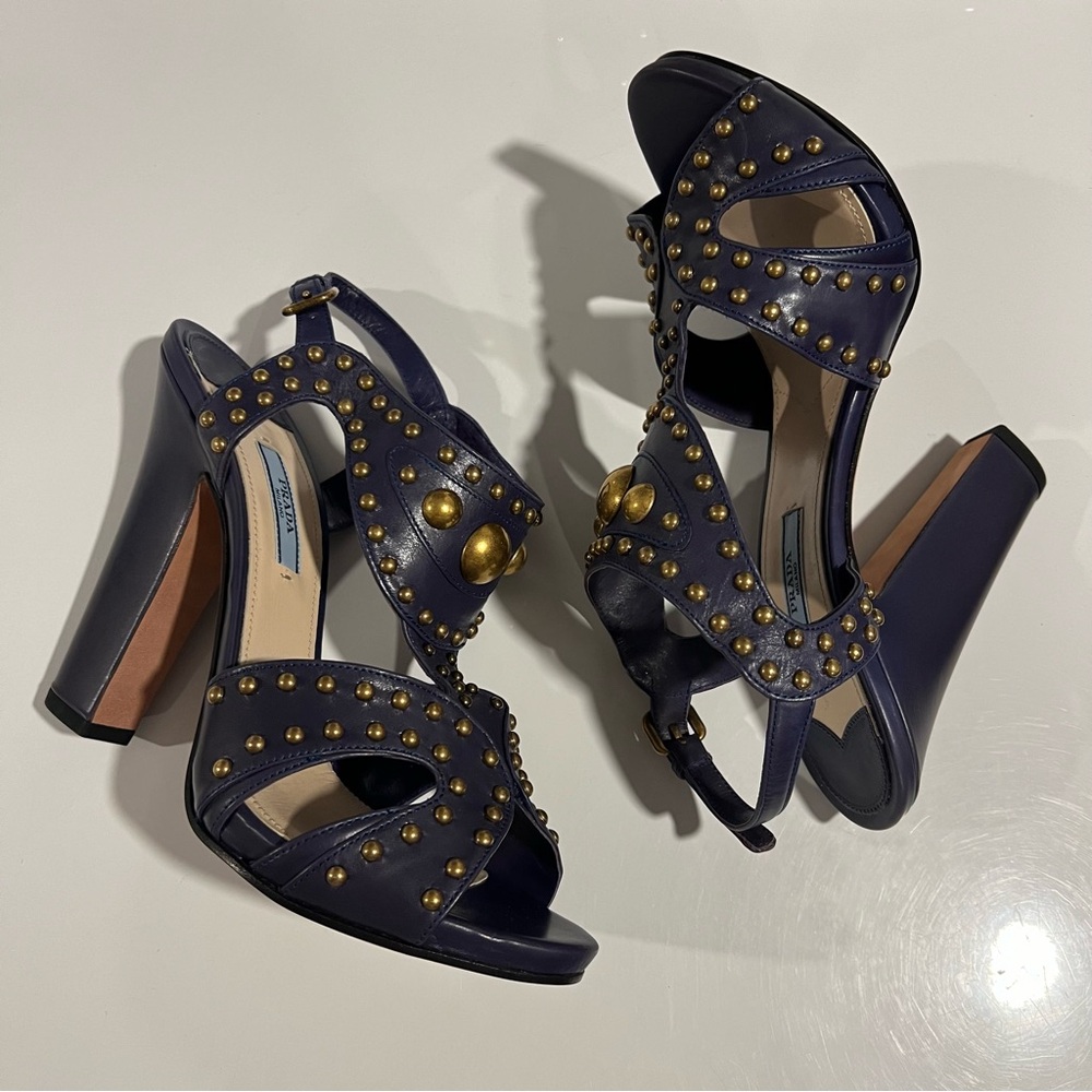 $990 PRADA Blue Jewel Studded Leather Ankle Strap Block Heels Sandals 40/9.5-10